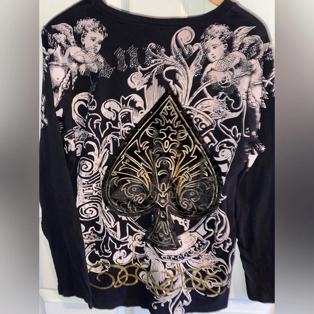 Black Spade Women’s Long Sleeve Shirt, Angels Written in Rhinestone Size Large - Picture 5 of 8